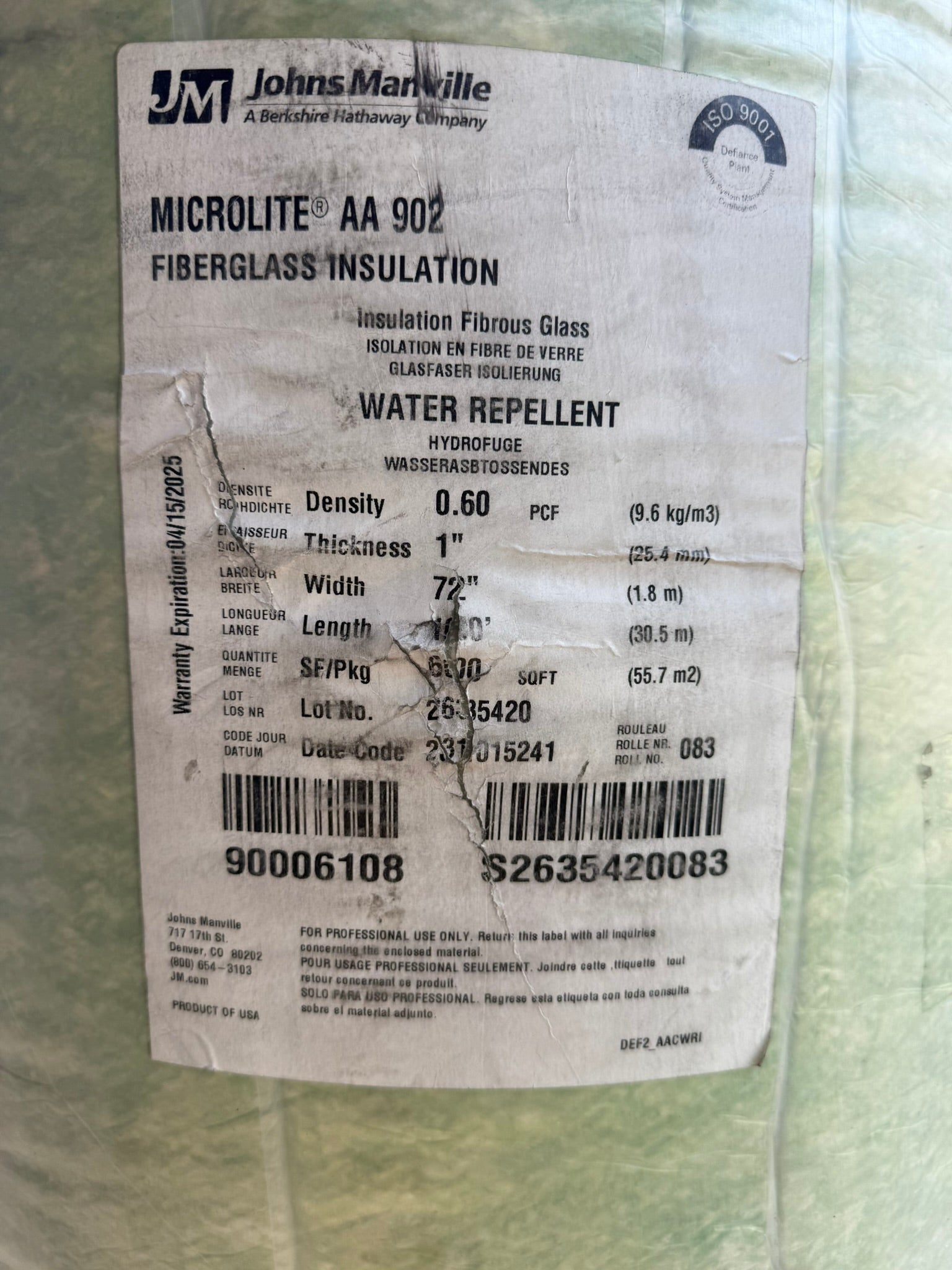 Johns Manville Microlite AA 902 fiberglass insulation package with label.